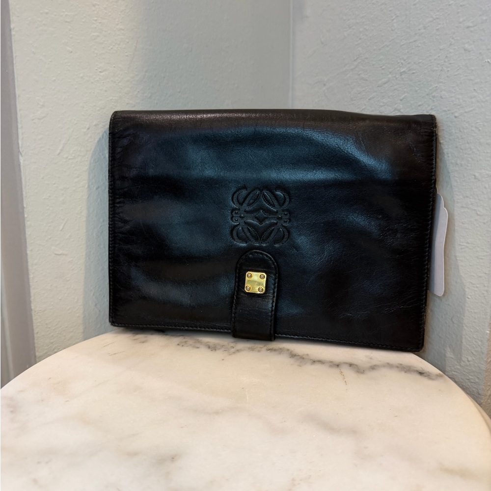 Loewe Black Leather Clutch/Wristlet with Gold Logo Tag